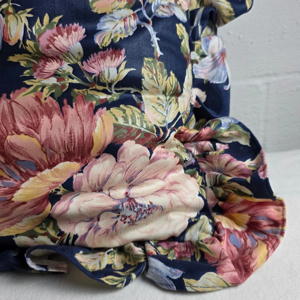 Vintage Floral Ruffled Throw Pillow Navy Blue Pink Botanical Cottagecore